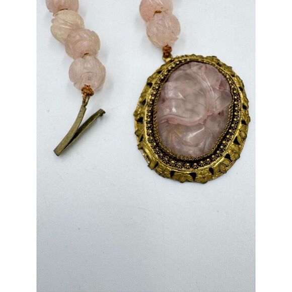 Vintage Antique Carved Rose Quartz Gold Tone Ornate Filigree Collar Necklace 14” - Picture 10 of 14